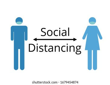 Man keep distance with woman vector. Social distancing flat illustration. People wear medical face mask for prevent virus pandemic.