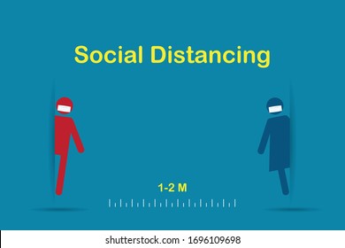 Man keep distance with woman vector. Social distancing flat illustration. People wear medical face mask for prevent virus pandemic