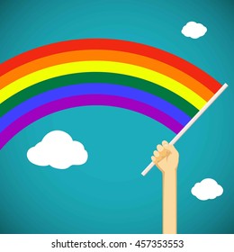 Man keep in his hand a gay rainbow flag. LGBT community. Stock Vector cartoon illustration.