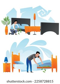 Man keep money under bed mattress. Male character poor financial literacy, cash saving, cartoon vector illustration isolated on white. Dollar stash in bad place, person get cash