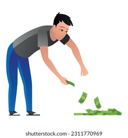 Man keep money under bed mattress. Male character poor financial literacy, cash saving, cartoon vector illustration isolated on white. Dollar stash in bad place, person get cash