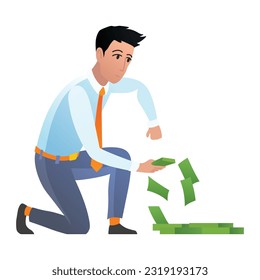 Man keep money under bed mattress. Male character poor financial literacy, cash saving, cartoon vector illustration isolated on white. Dollar stash in bad place, person get cash