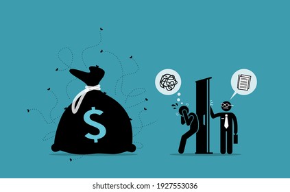 Man keeping dirty money in the house while IRS agent auditor come knocking at the door and checking account. Vector illustration concept of money laundering, illegal money, fraud and embezzlement. 