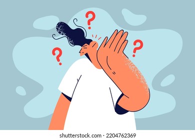 Man keeping hand at ear hearing gossip or rumor. Young male listen to hidden or secret information or hearsay. Vector illustration. 