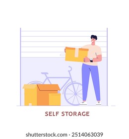 Man keeping personal items in rental self-storage unit. Rent mini garage. Concept of self storage unit, small mini warehouse, rental garage. Vector illustration in flat design for web banner