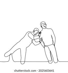man keeps another man from falling - one line drawing. the concept of help, support (mental or physical), a falling statue or a cardboard cut of a person in full growth 