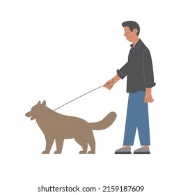A man keeps a dog on a leash. A man walks a husky. Concept of love for animals. Animals are human friends. Vector stock illustration isolated on white background.