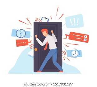 Man keeps the door closed. Vector illustration.