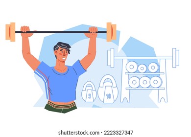 El hombre se mantiene en forma con ejercicios deportivos y levantamiento de pesas, ilustración vectorial de caricatura plana aislada en fondo blanco. Formación deportiva y musculación, gimnasia y fitness.