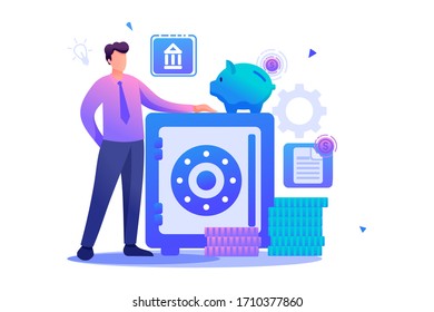 Man keeps money in the Bank, keeping money in a Bank Deposit. Flat 2D character. Concept for web design.