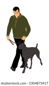 Man keeps running Weimaraner dog on leash vector illustration isolated on white. Champion canine show exhibition. Pet owner walking recreation outdoor. Best friend activity. Bird hunter dog pointer.