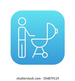 Man at kettle barbecue grill line icon for web, mobile and infographics. Vector white icon on the blue gradient square with rounded corners isolated on white background.