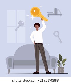 Man with key. Businessman found solution, made right choice. Financial literacy and economics. Leadership and motivation, creative personality, career opportunity. Cartoon flat vector illustration