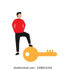 The man with the key. Flat cartoon character isolated on white background