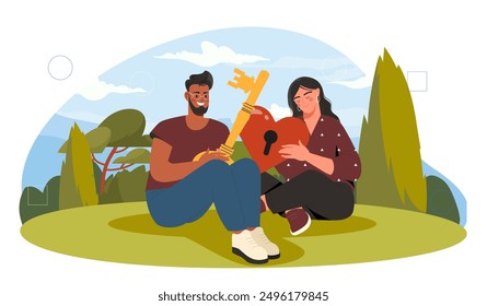 Man with key to heart. Young guy with golden key near girl with heart. Love and romance. Couple at romantic meeting outdoors. Boyfriend and girlfriend. Flat vector illustration