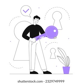 Hombre con el concepto de línea clave. Joven cerca de los teclados. Metáfora de hombre de negocios con idea para comenzar. Personaje con respuesta a la pregunta. Propietario de la propiedad privada. Ilustración lineal vectorial