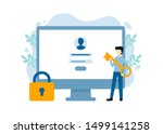 Man with key near computer and account login and password. Vector male character design concept for business. Illustration for landing page, web, poster, banner, layout, template.