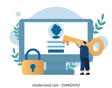 Hombre con clave cerca del ordenador y acceso a la cuenta y contraseña. Concepto de diseño de carácter masculino vectorial para los negocios. Ilustración para página de inicio, web, afiche, banner, diseño, plantilla.