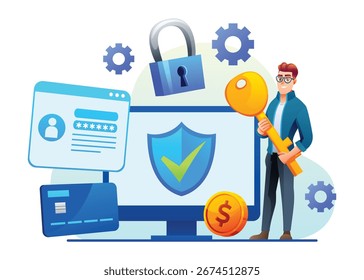 Man with a key standing next to a computer screen with a security shield and padlock. Vector cartoon illustration