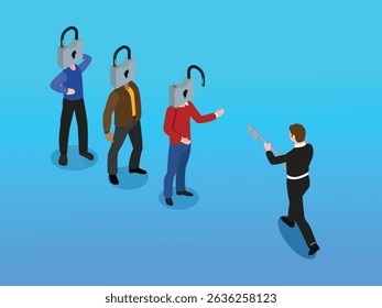 man with a key unlocks the padlocks on the heads of three other individuals, symbolizing access to knowledge, problem-solving, and overcoming mental blocks isometric 3d vector illustration