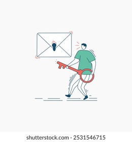 A man with a key is walking towards a locked envelope, representing digital security and data access.