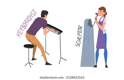 Man Keyboardist Playing Keyboard and Woman Sculptor Hammering Stone Having Creative Profession Vector Set