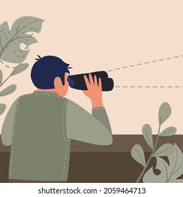 A man in a khaki military uniform looks through binoculars. Waiting, tracking, military outpost. Soldier at the post, security, hunting. Vector illustration, male character. Follow someone, watch