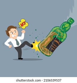  Man to kick broken green bottle and habit of drinking alcohol, Illustration vector cartoon
