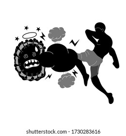 The man kick Coronavirus and defeated. Vector cartoon character illustration icon design.
