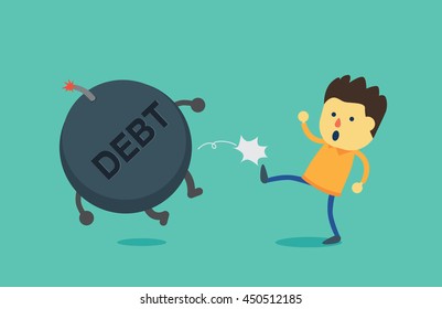 Man Kick Debt Bomb Away From His Body. This Illustration Is Concept About Pay Off Debt