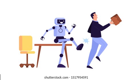 Man kicked out of work. Idea of unemployment. Jobless person, financial crisis. Robot vs human. Isolated flat vector illustration