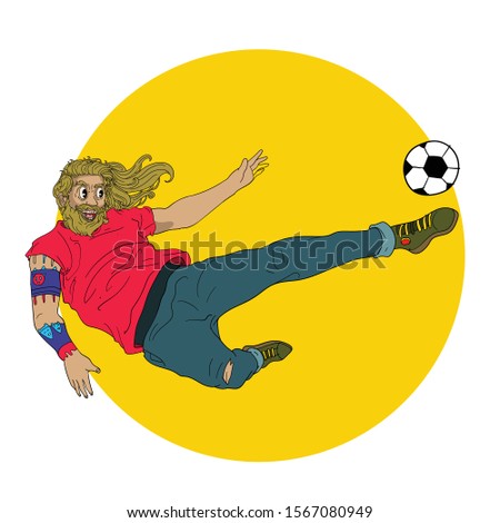 a man kicking the ball playing soccer. Rocker playing soccer.