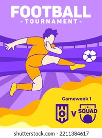 hombre pateando una ilustración del vector de bola. diseño de banderas de competición de fútbol