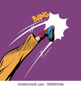 Man kicking comic book pop art, vector illustration