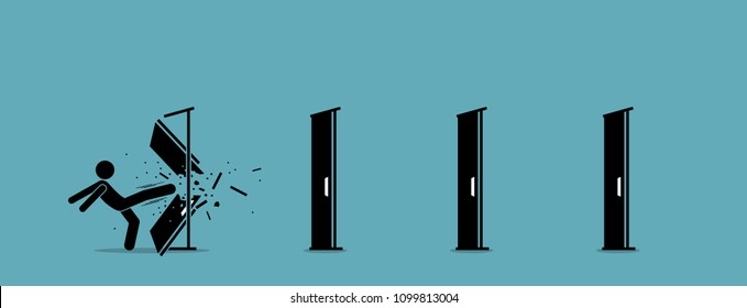 Man kicking down and destroying door one by one. Vector illustration depicts eliminating barrier of entries, roadblocks, overcome challenges, and destroying obstacles with power and brute force. - Shutterstock ID 1099813004