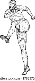 A man kicking out with his foot. Hand drawn vector illustration.