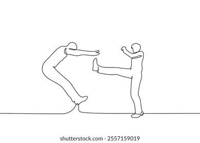 man kicks another man in the stomach and he flies back from the blow - one line art vector. concept abuse, violence, assault, against the rules