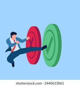 Man kicks the green button which means accept, illustration for making a decision.