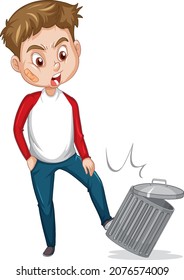 A man kicks trash can on white background illustration