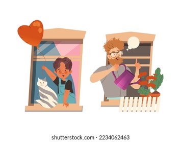 Man and Kid in Open Window with Heart Balloon and Watering Flowers Vector Set