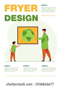 Man and kid studying and discussing world map. Student and teacher with pointer, dad and child. Flat vector illustration. Geography learning concept for banner, website design or landing web page