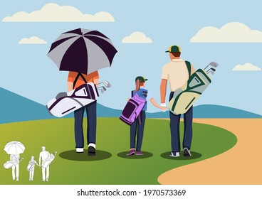 Man and Kid in Uniform Playing Golf on Course with Green Grass. Family playing golf together, Sport Game Tournament, Summer Spare Time. Flat Vector Illustration