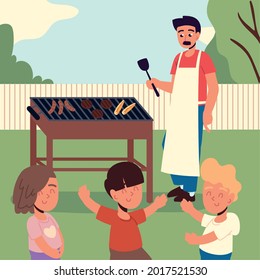 man and kids in backyard cooking food