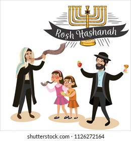Man and kids girls blowing Shofar horn for the Jewish New Year, Rosh Hashanah holiday Jew in traditional clothes holding red apple and glass with wine, judaism religion vector illustration isolated