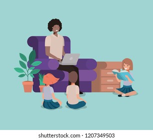 man with kids in the livingroom reading books