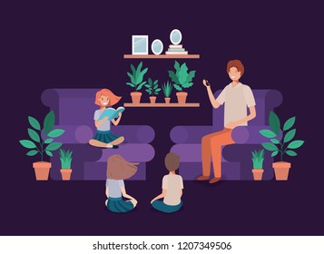 man with kids in the livingroom reading books