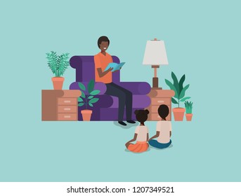 man with kids in the livingroom reading books