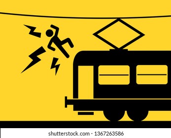 Man is killed by touching overhead line above train. Hazardous and dangerous risking with electricity and electric wire or cable. Vector illustration