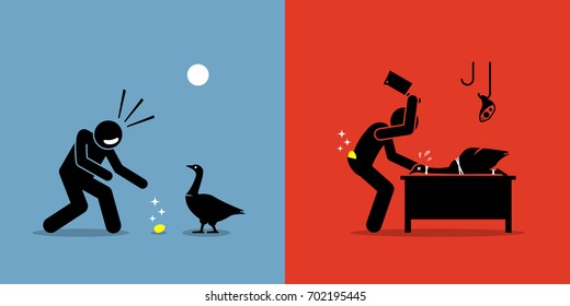 Man Killing a Golden Goose with a Gold Egg. Artwork illustrations depicts greed, stupidity, impatient, and fortune. 