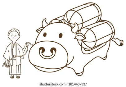 A man in a kimono and a cow with a bale of rice.kimono is a traditional Japanese costume.